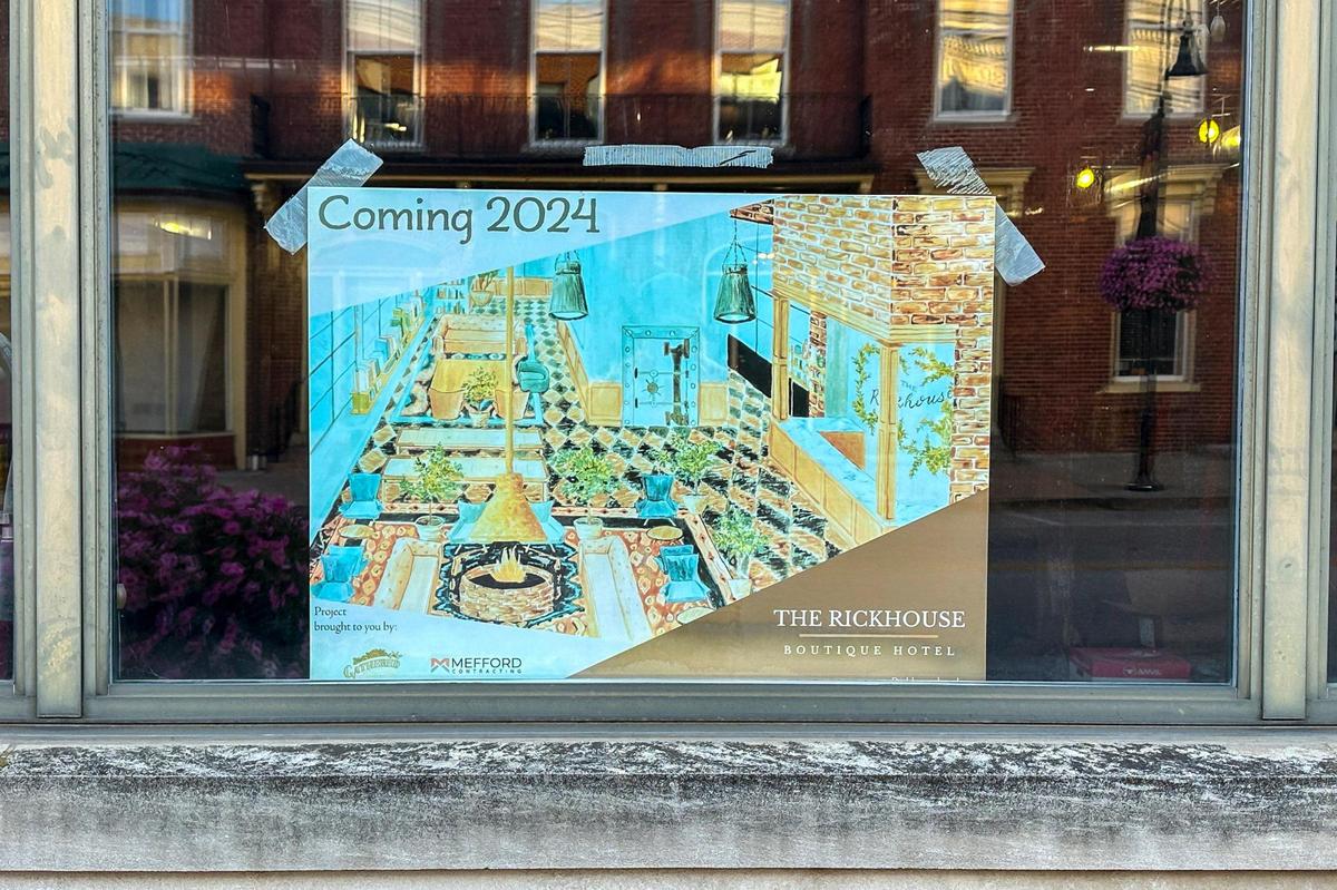 A sign in a window at 151 S. Main St. in Versailles, Ky., announces the coming of a boutique hotel, The Rickhouse.