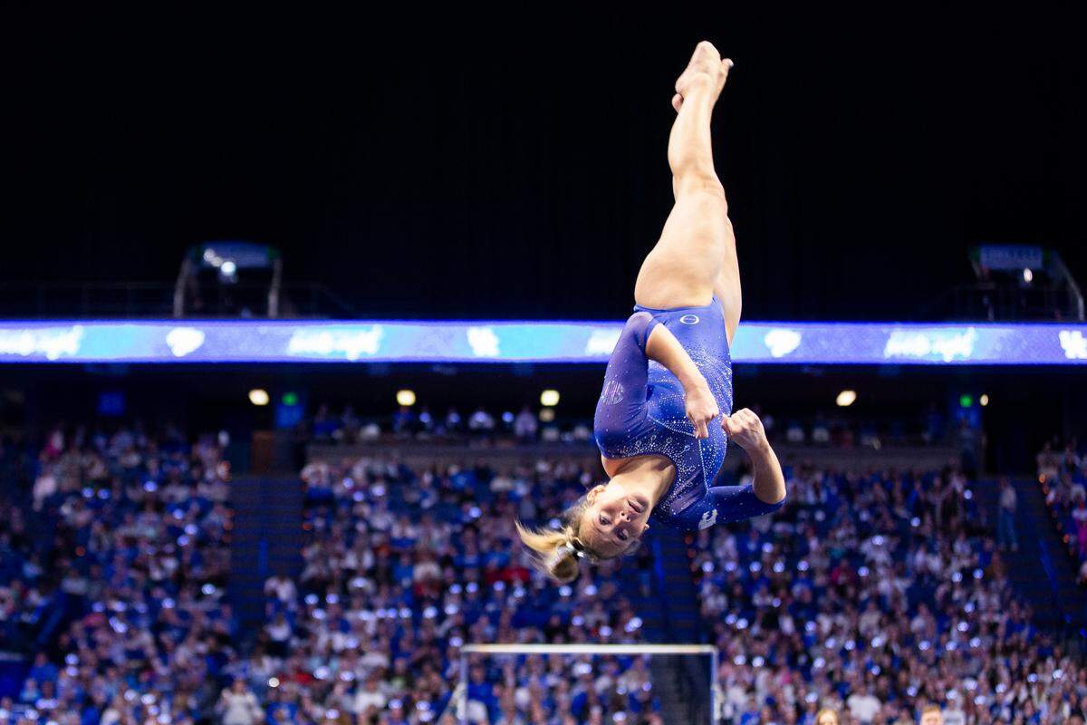 Delaynee Rodriguez performs her floor routine during Kentucky’s Excite Night meet against Georgia.