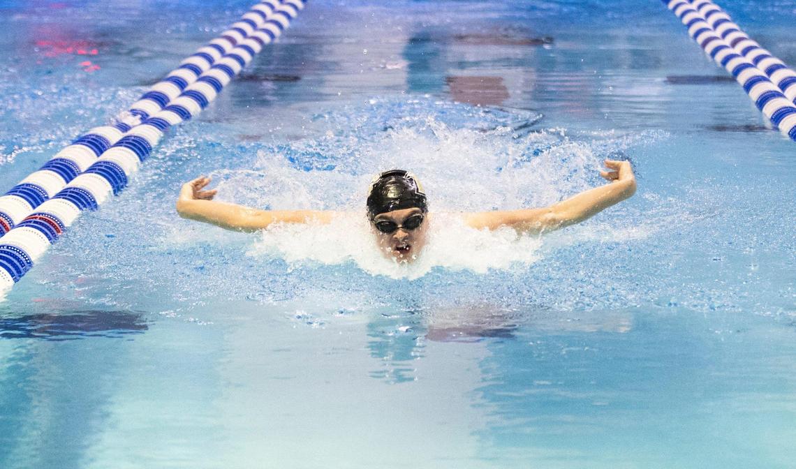 Boyle County’s Clark Coyle competes in the 100 butterfly during the 2025 KHSAA State Swimming and Diving Championships at the University of Kentucky’s Lancaster Aquatic Center on Friday.