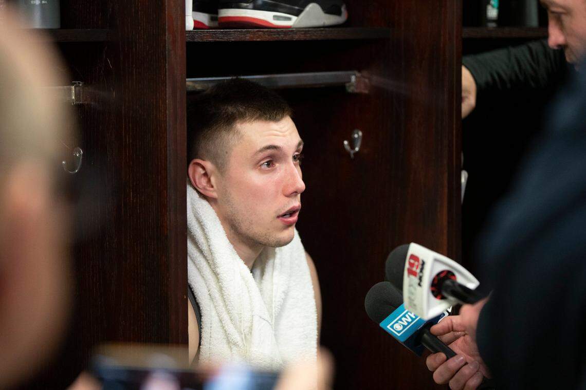 Kentucky guard CJ Fredrick talks with reporters in the locker room after Sunday’s NCAA Tournament loss to Kansas State.