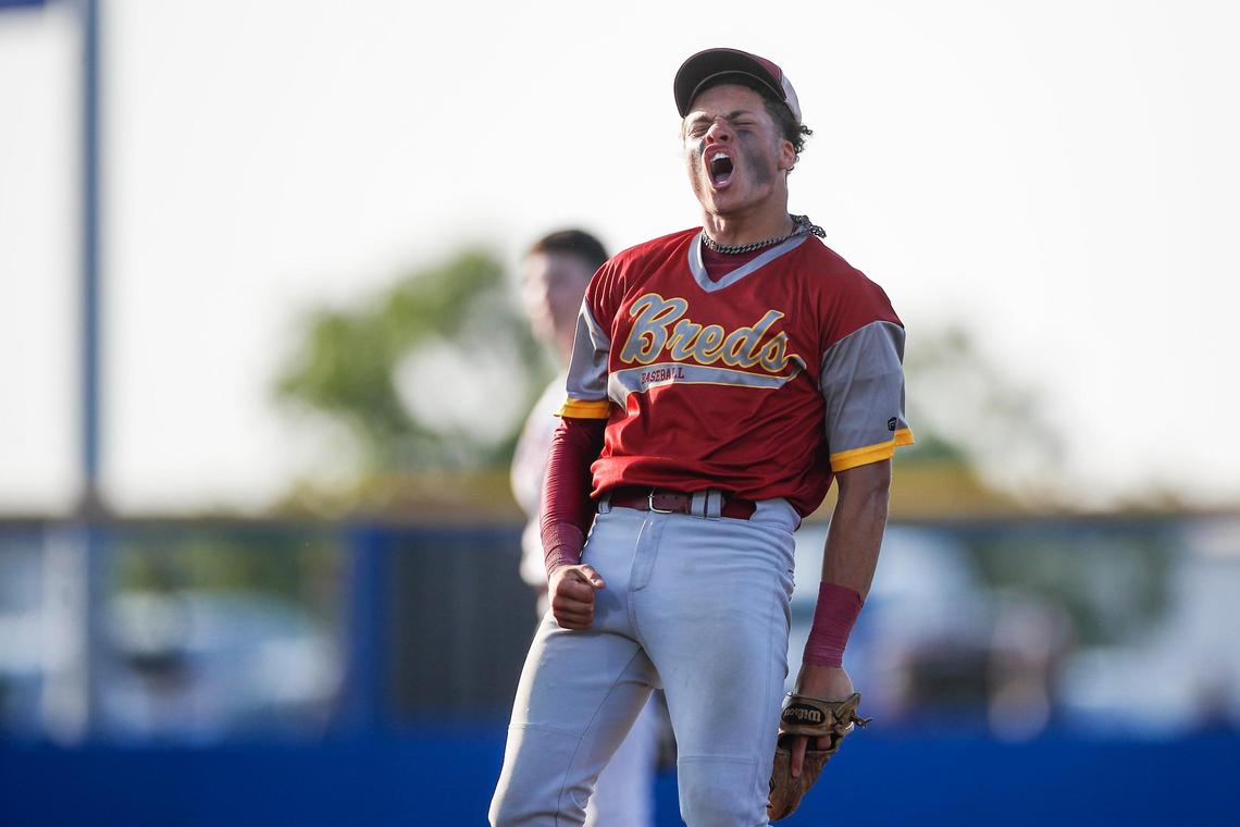 Shortstop Elijah Harris celebrates after Harrison County gets the final out during its 2-1 win over Pikeville on Friday night. Harris scored what proved to be the winning run in the fifth inning.