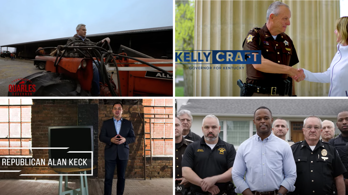 Going clockwise, scenes from video advertisements for Ryan Quarles, Kelly Craft, Daniel Cameron and Alan Keck. All four are Republicans running for governor in Kentucky.