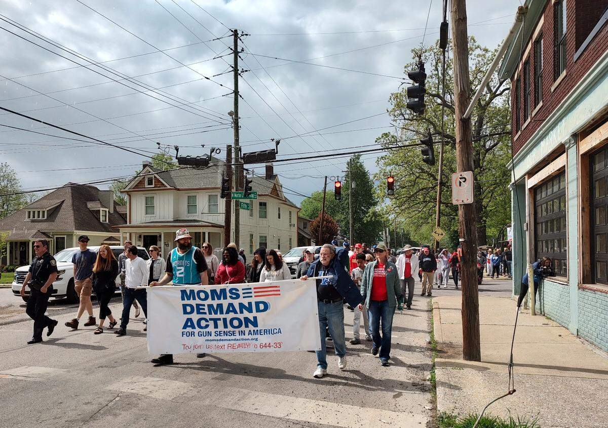 Attendees marched at the Antonio Franklin Jr. Violence Intervention Project Peace Walk Saturday, April 22, 2023. The walk starts at Duncan Park, where Antonio Franklin, 21, was shot in 2014. He was an innocent bystander.