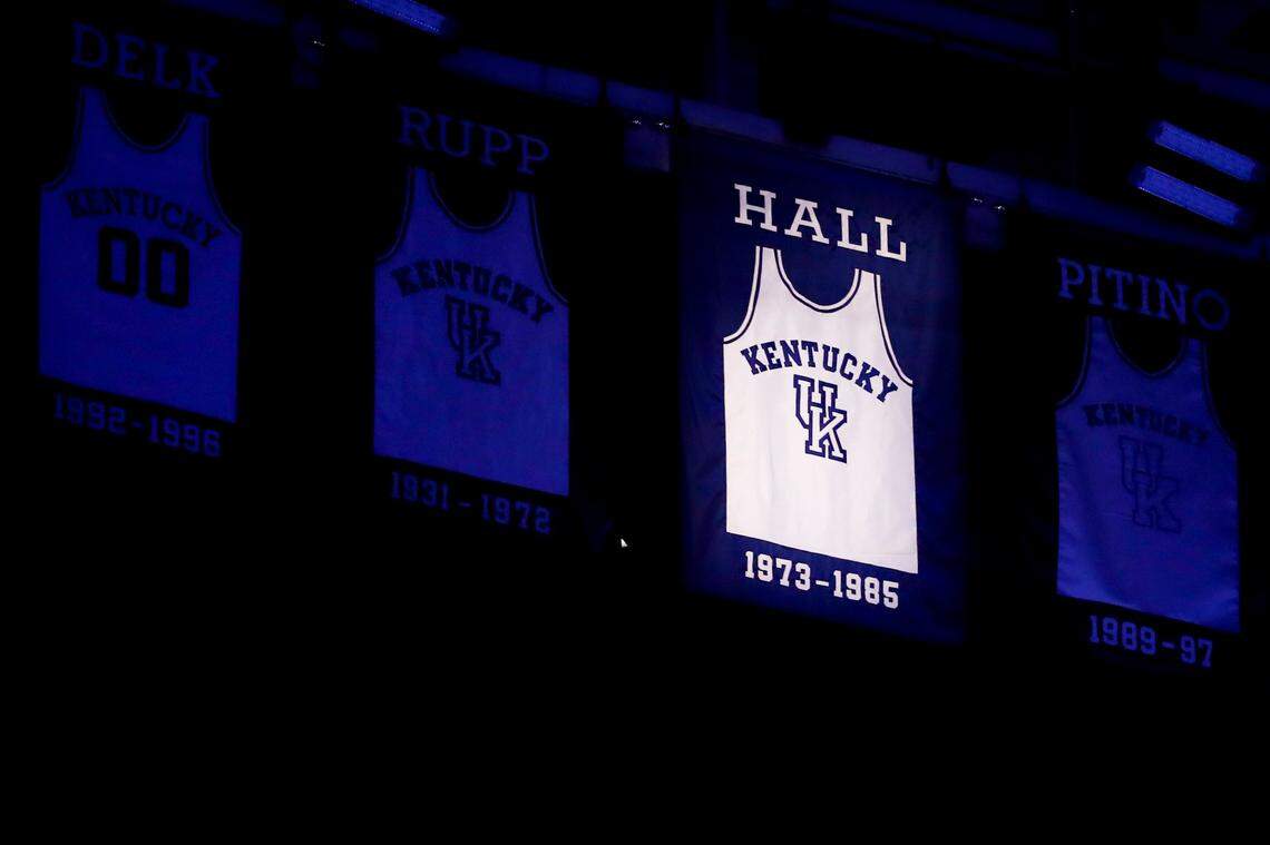 Joe B. Hall’s jersey is illuminated during a tribute in Rupp Arena after his death in 2022.