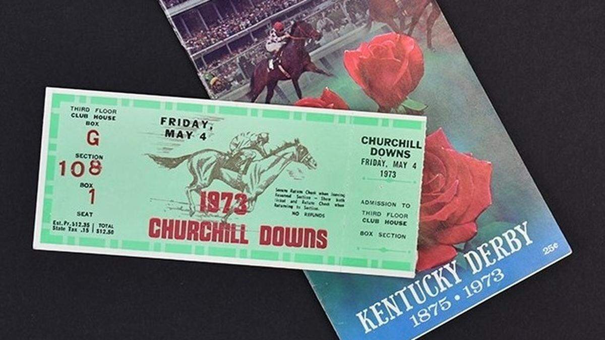 Penny Chenery’s 1973 Kentucky Derby program and personal track-used 1973 Kentucky Oaks clubhouse box ticket stub sold for $11,687 in a Lelands.com auction