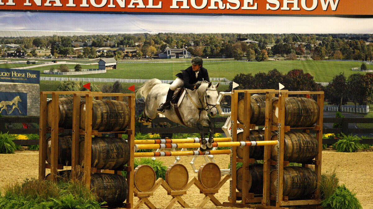 Christian Heineking and River of Dreams cleared a fence Wednesday during the Sasco Creek Farm International Open Jumpers $50,000 Welcome Stakes, part of the Alltech National Horse Show at the Kentucky Horse Park's Alltech Arena.  