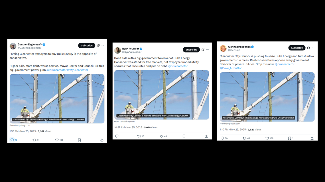 A screenshot of influencers posting to X on a topic with similar talking points around the same time.