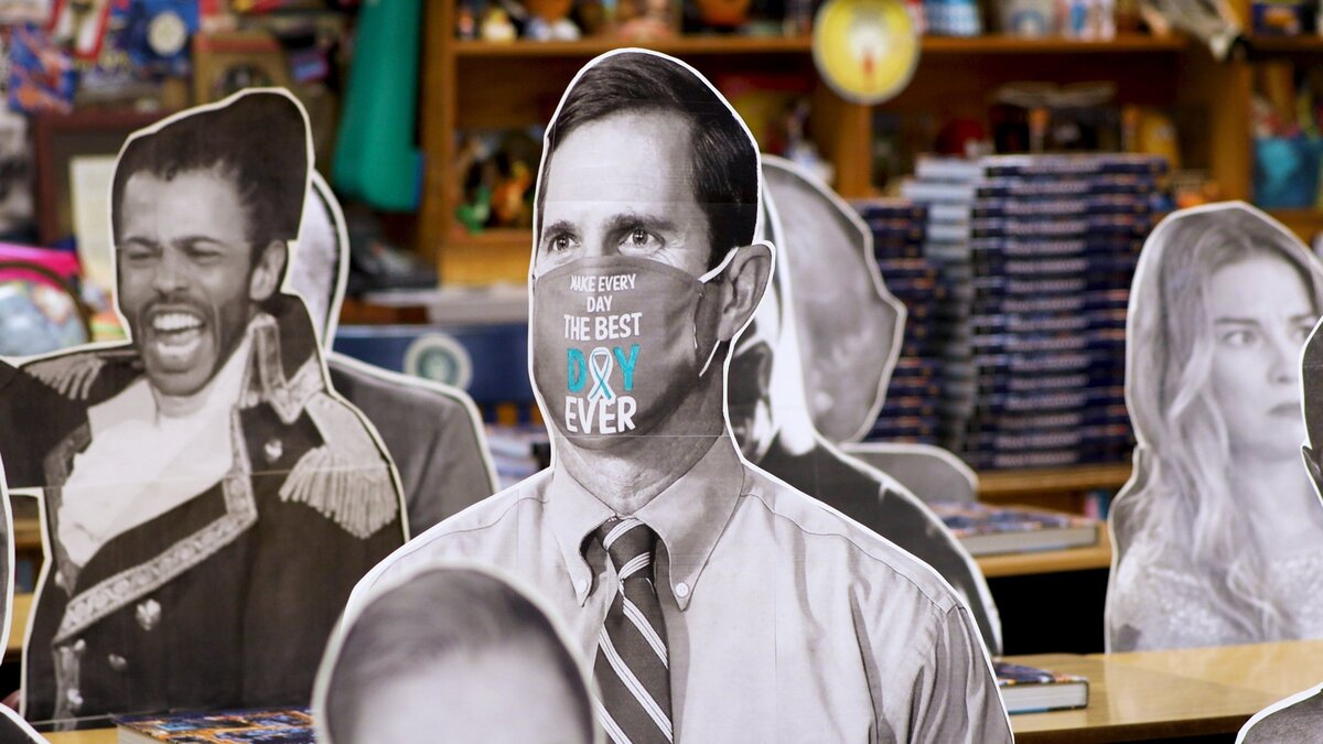 Gov. Andy Beshear was one of many cutouts of notable figures in attendance at Lafayette High School social studies teacher Whitney Walker’s classroom for her students’ entertainment as she teaches remote classes. December 17, 2020.