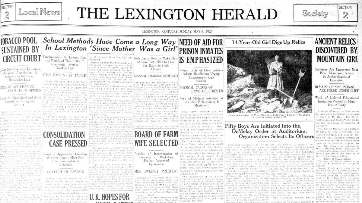 The top of the front page of the Sunday, May 6, 1923 Lexington Herald. It included a story about ancient relics being discovered near the Pine Mountain Settlement School.