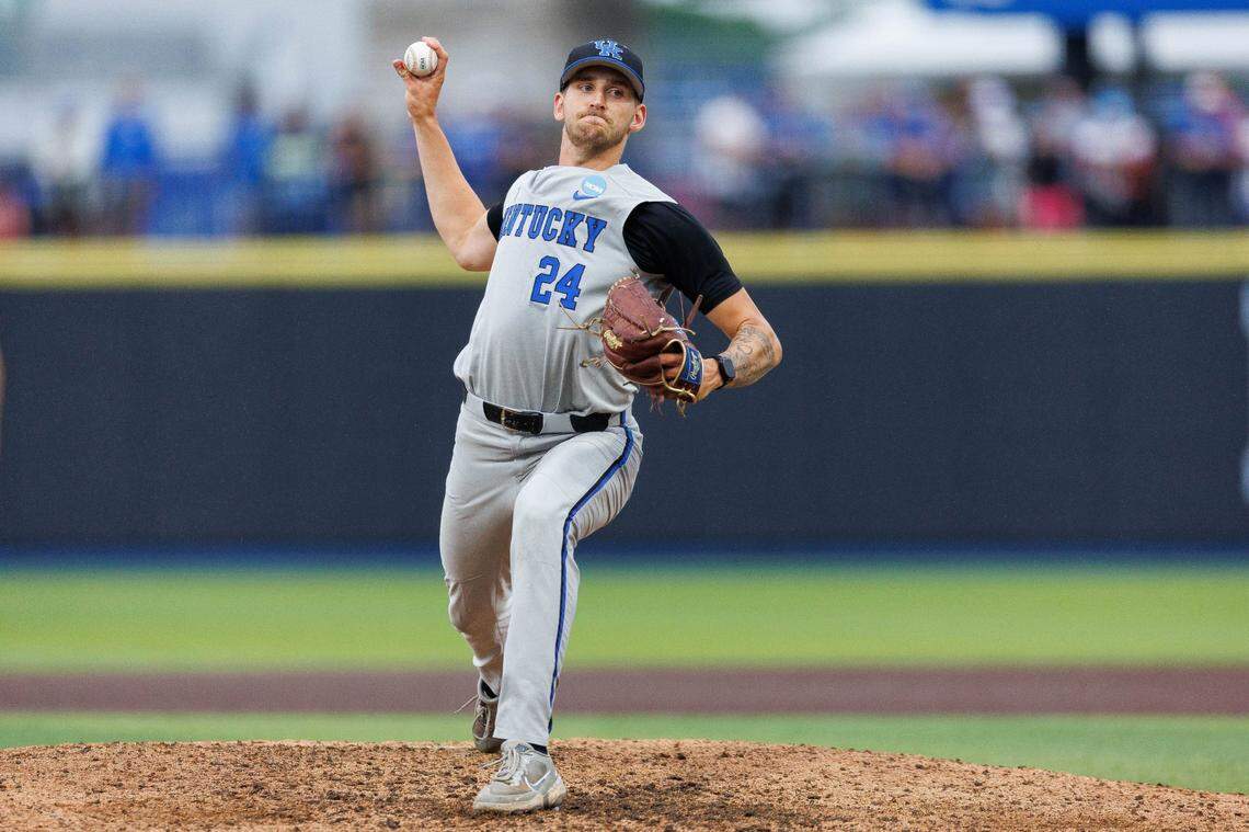 Jun 1, 2024; Lexington, KY, USA; Kentucky Wildcats pitcher Ryan Hagenow (24) throws a pitch during the eighth inning against the Illinois Fighting Illini at Kentucky Proud Park. Mandatory Credit: Jordan Prather-USA TODAY Sports