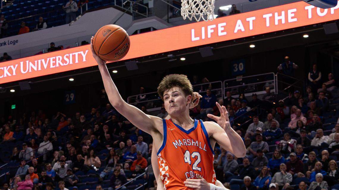 Marshall County's Matthew Langhi gets the rebound during the UK HealthCare Boys' Basketball Sweet 16 state tournament first-round game between the Marshall County Marshals and the Boyd County Bears at Rupp Arena in Lexington, Ky, on March 19, 2026.