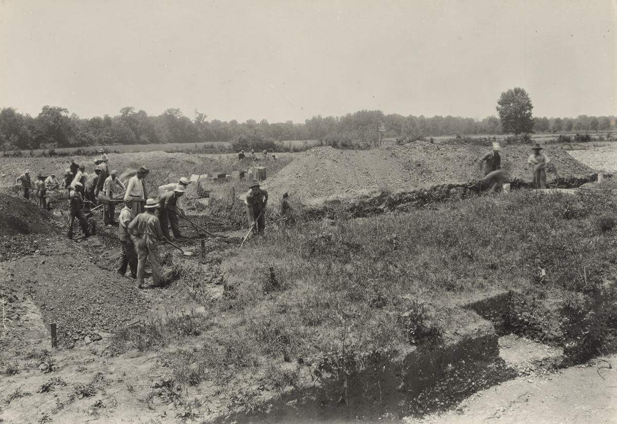 In this photo from 1938, crews with the Works Project Administration work at the Morgan Stone Mound Site in Bath County, Kentucky.