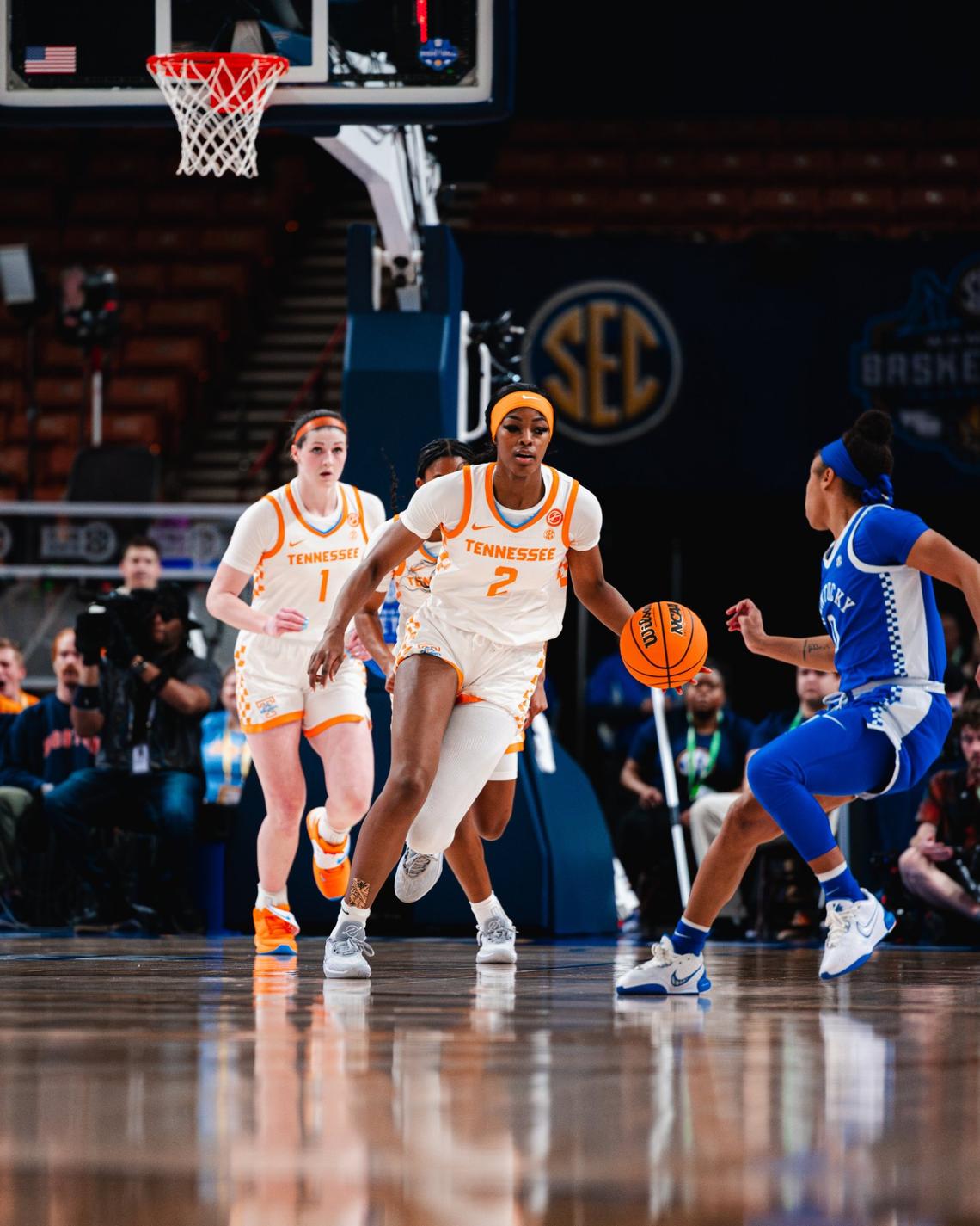 Tennessee star Rickea Jackson (2) was slowed by foul trouble for much of Thursday’s SEC Tournament game against Kentucky and finished with eight points.