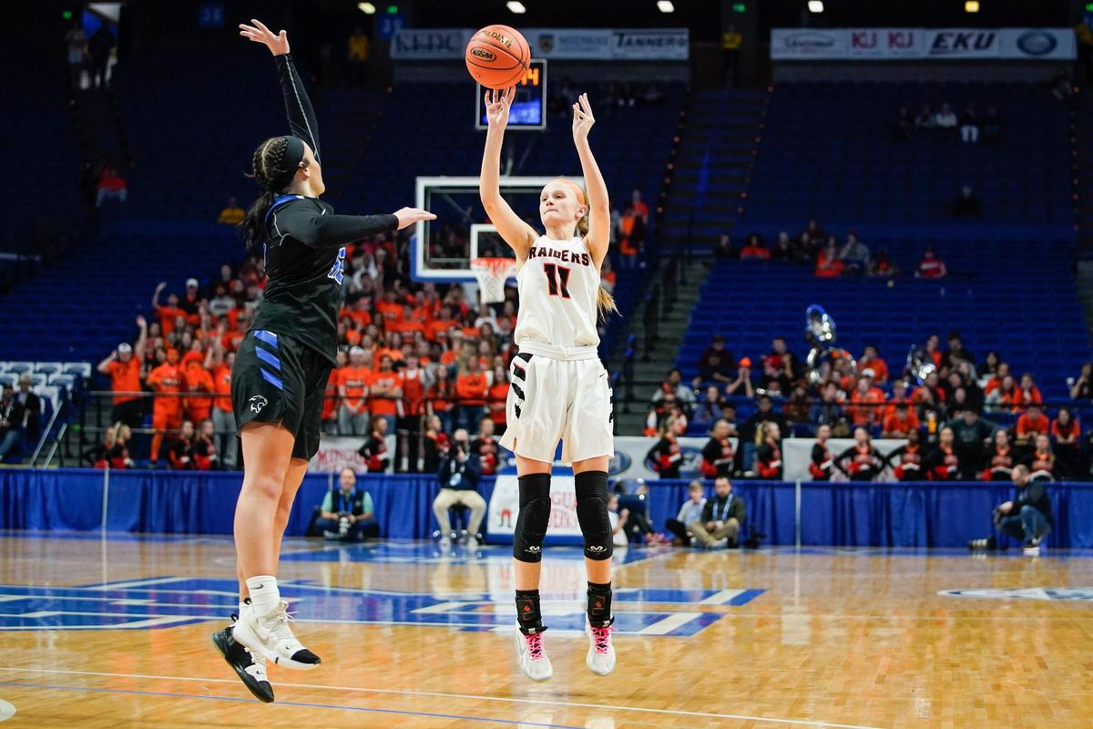 Ryle’s Abby Holtman (11) scored 11 points and had six rebounds for the Raiders in their win over Letcher County Central on the opening day of the Sweet 16 in Rupp Arena.
