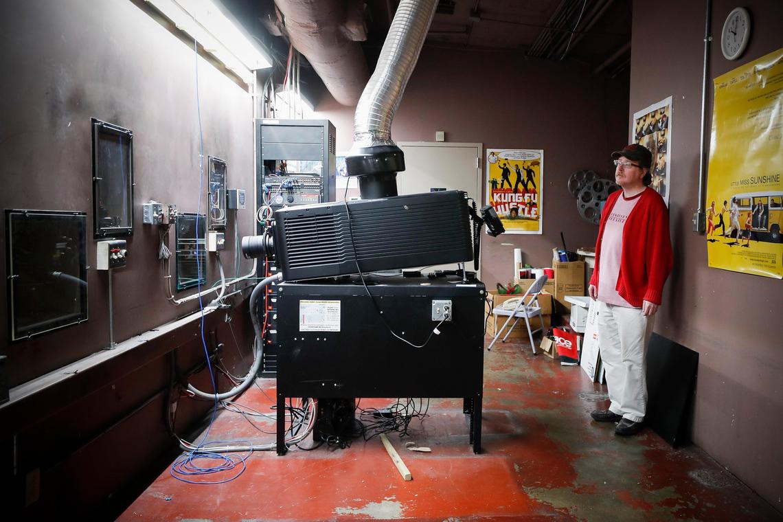 Jeff Barnett pauses Tuesday while working to store items in the projection room at the Kentucky Theatre in Lexington.