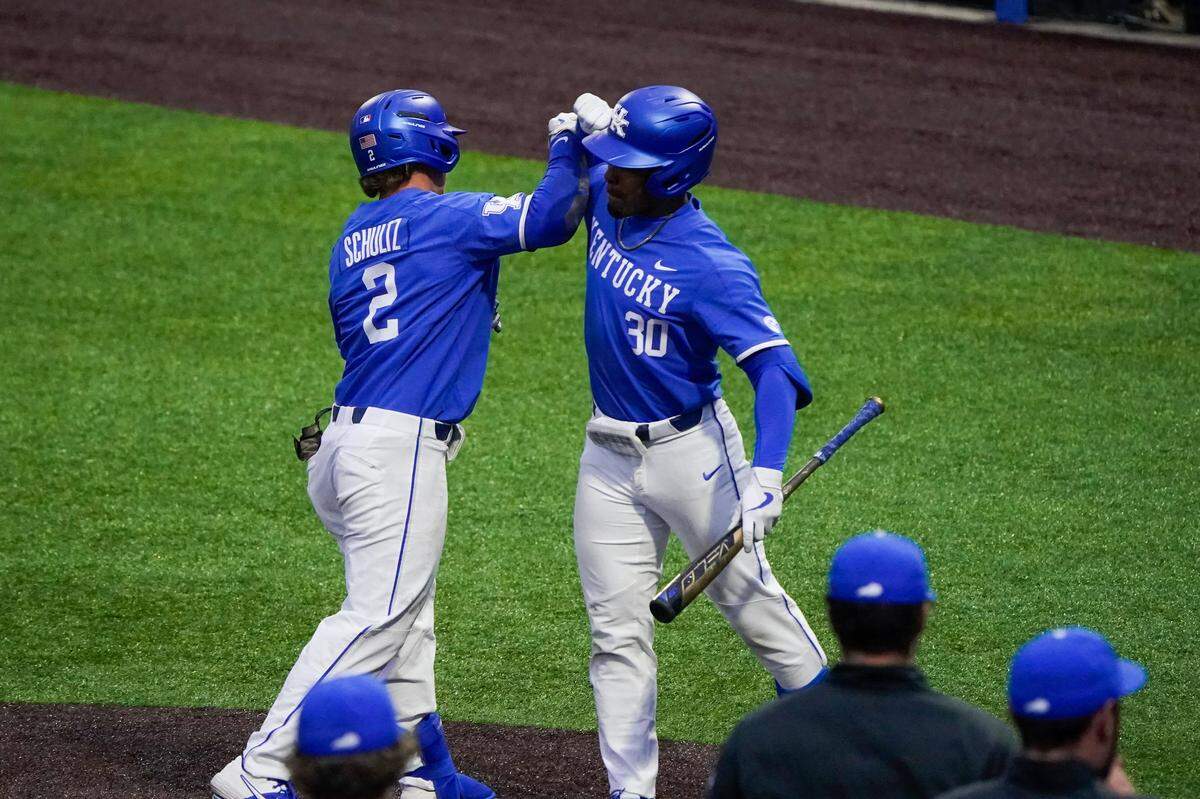 Kentucky’s Austin Schultz (left) celebrated a home run with Jaren Shelby last season. Schultz is a preseason All-American.