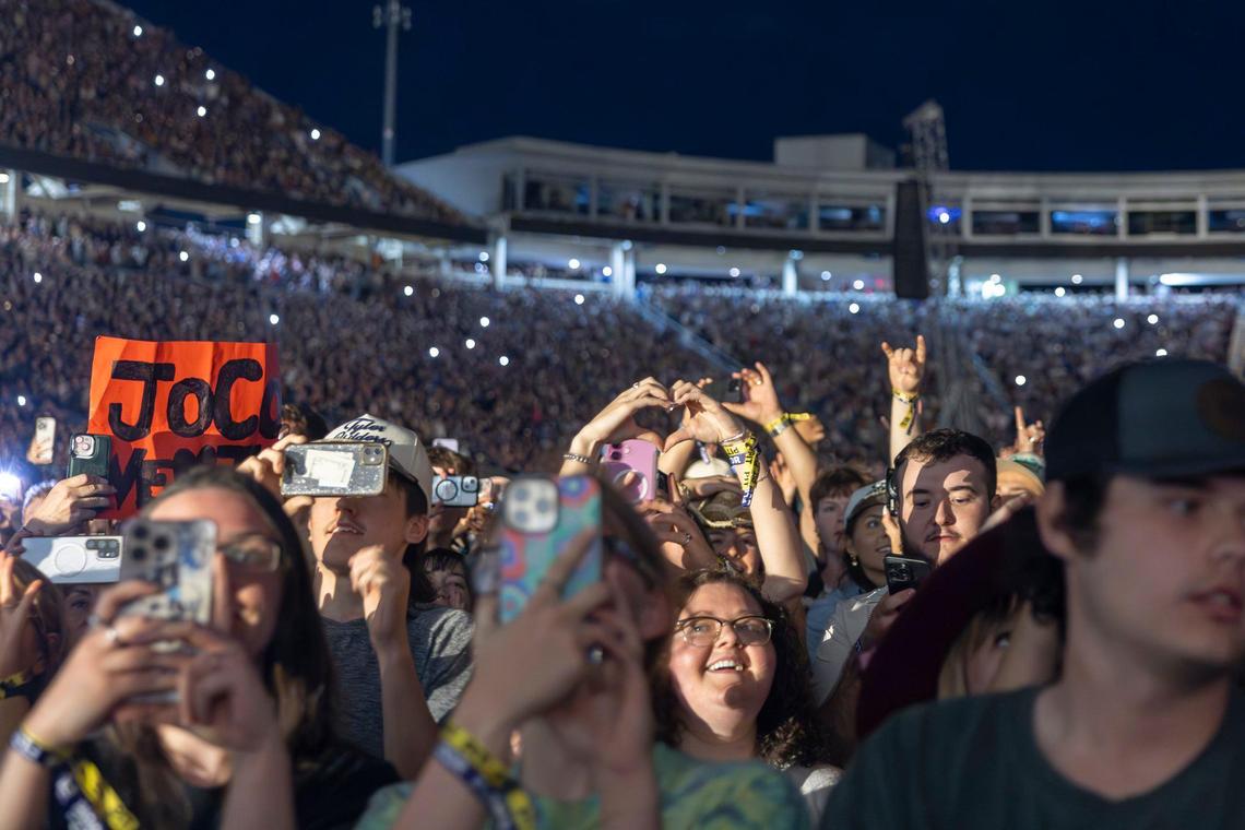 Fans cheer as Tyler Childers performs at Kroger Field in Lexington, Ky., during his “On the Road” tour on Saturday, April 19, 2025.