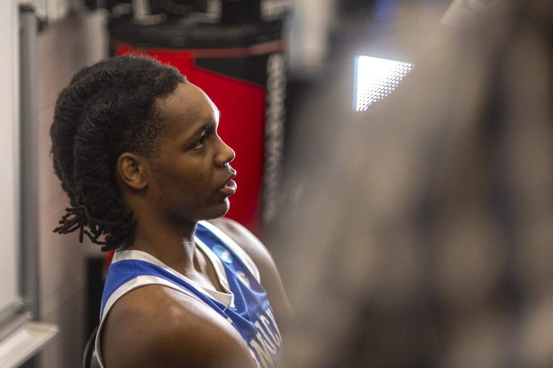 Kentucky guard Jasper Johnson (2) talks to members of the media following a loss to Iowa State in the second round of the NCAA Tournament at Enterprise Center in St. Louis, Mo., on Sunday, March 22, 2026. 