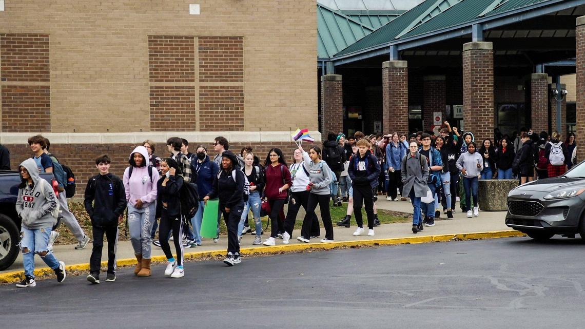 Students of Paul Laurence Dunbar High School stage a school-wide walkout Friday morning to protest anti-transgender and anti-LGTBQ bills moving through the Kentucky General Assembly, February 24, 2023.