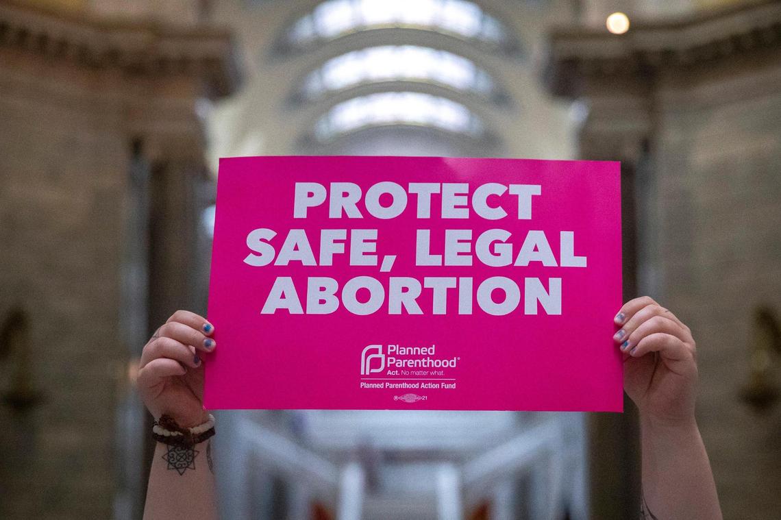 Jace Peters-White of Lexington protests at the Kentucky state Capitol in Frankfort, Ky., on Wednesday, April 13, 2022. Protesters chanted “Bans off our bodies” as they anticipated Kentucky Gov. Andy Beshear’s veto of a sweepingly restrictive abortion bill, HB3, would be overridden.