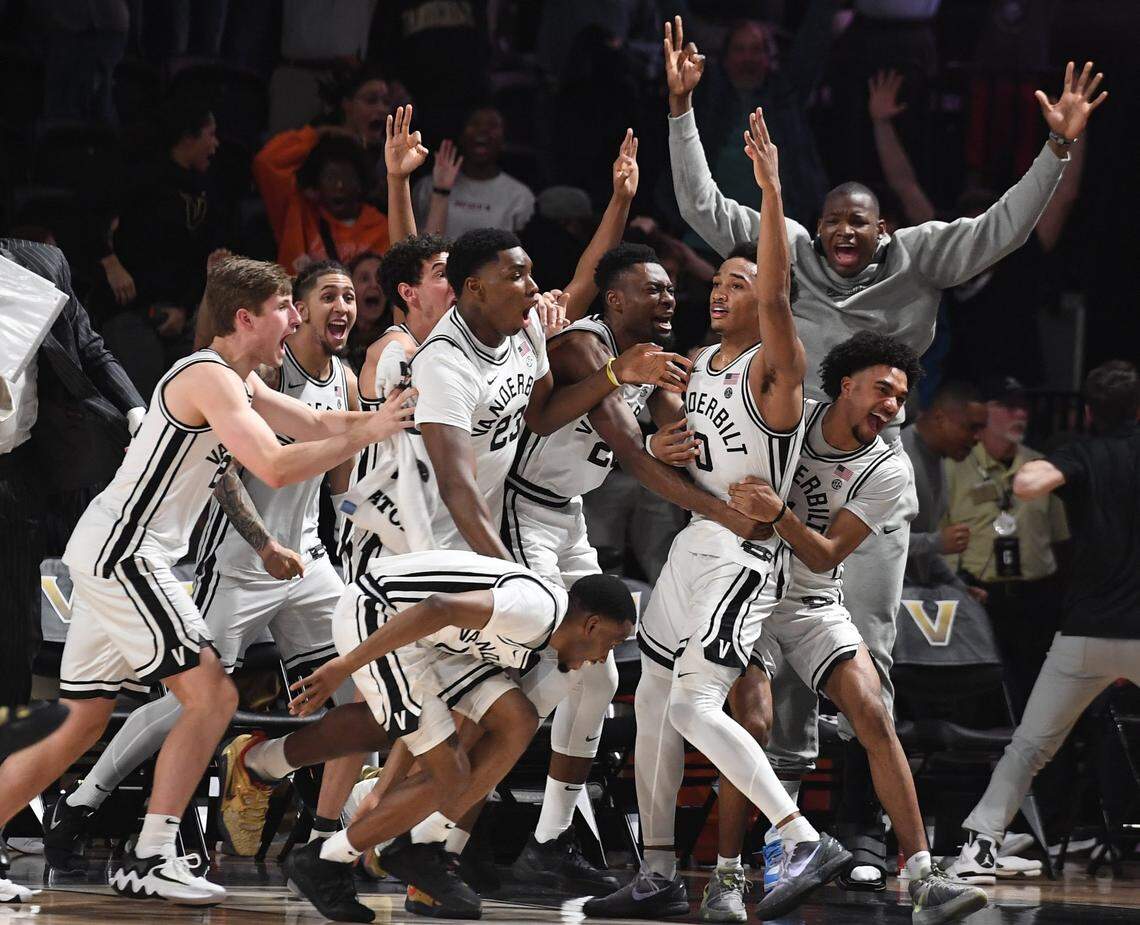 Vanderbilt guard Tyrin Lawrence (0) celebrated after making the game-winning three-pointer in Vandy’s 66-65 upset of Tennessee last week.