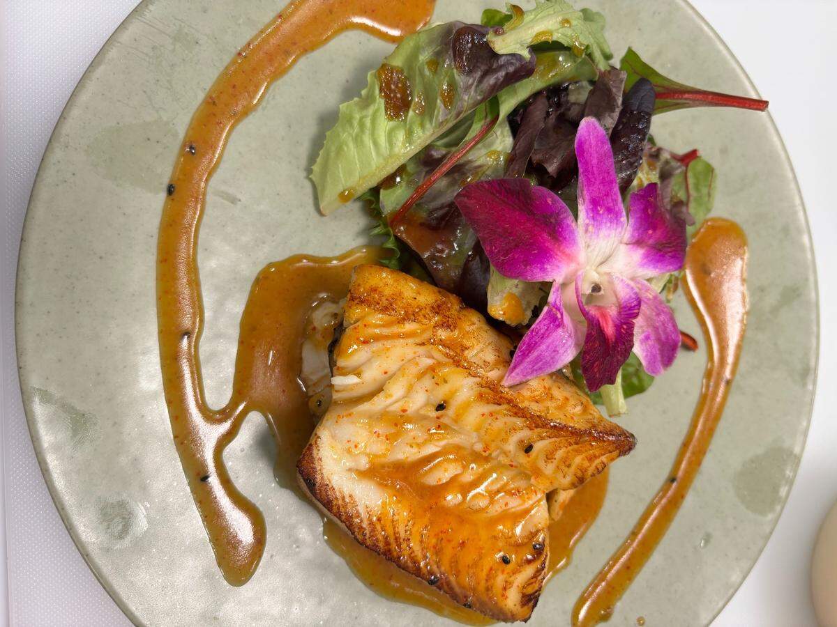 Omakase Sushi & Grill at Palomar serves authentic sushi as well as grilled entrees such as Yuzen Gindara, broiled black cod with spicy sweet miso sauce served with Hijiki salad, for $37.
