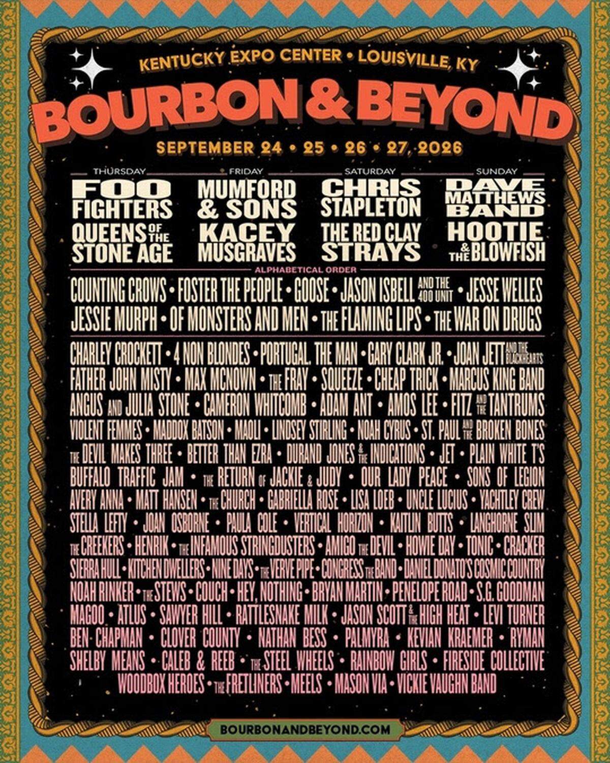 The 2026 Bourbon & Beyond festival lineup has been announced, with Chris Stapleton, Kacey Musgraves and the Foo Fighters headlining. The festival will take place in Louisville from Sept. 24 to 27.