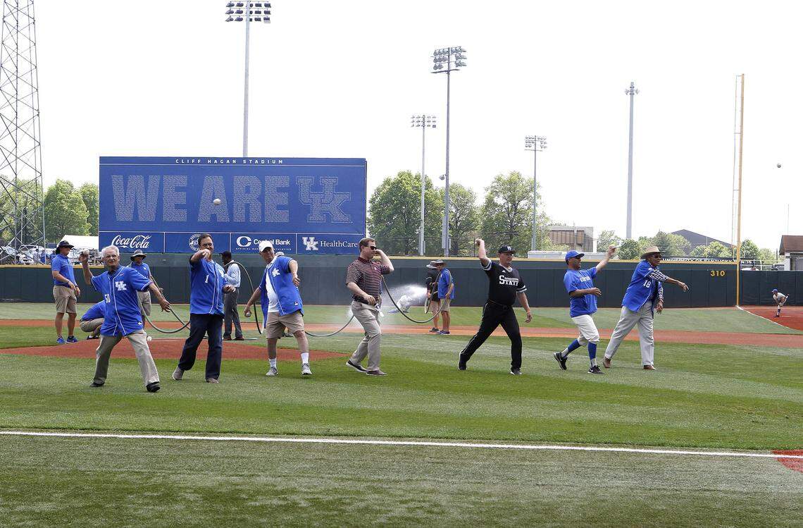 Stadium namesake Cliff Hagan, right, was joined by five former coaches and head coach Nick Mingione as they threw ceremonial first pitches in May 2018 prior to the final regular-season game ever played at Cliff Hagan Stadium. UK lost that game, 18-8, to Mississippi State.