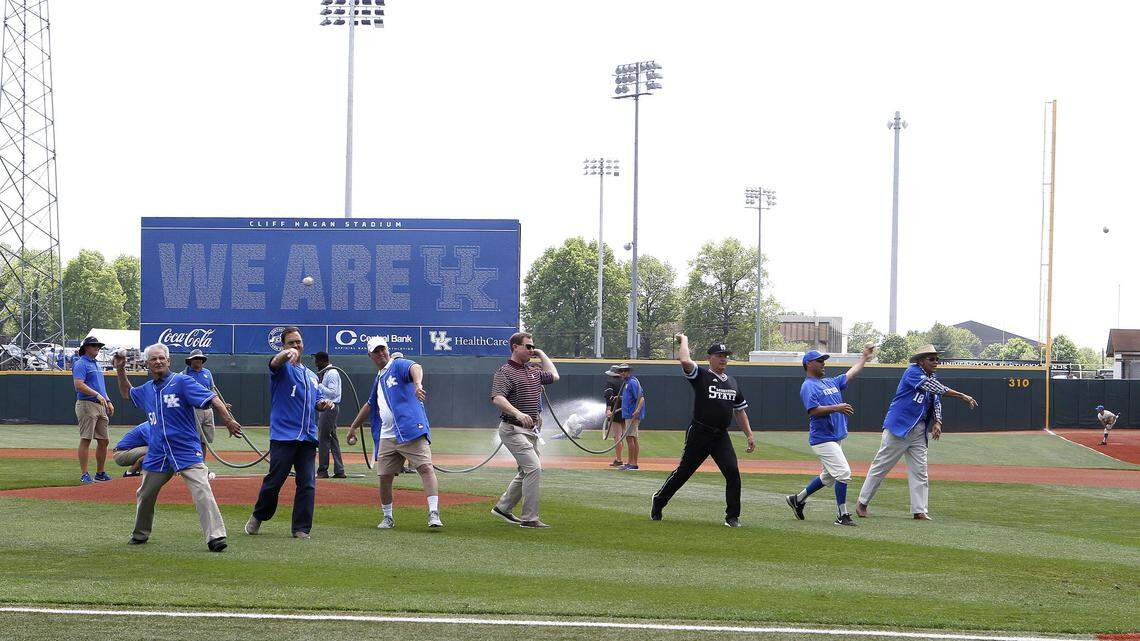 Stadium namesake Cliff Hagan, right, was joined by five former coaches and head coach Nick Mingione, as they threw ceremonial first pitches Sunday prior to the final regular-season game ever played at Cliff Hagan Stadium. Once the game started, things did not go as well for the Wildcats, who lost 18-8 to Mississippi State.