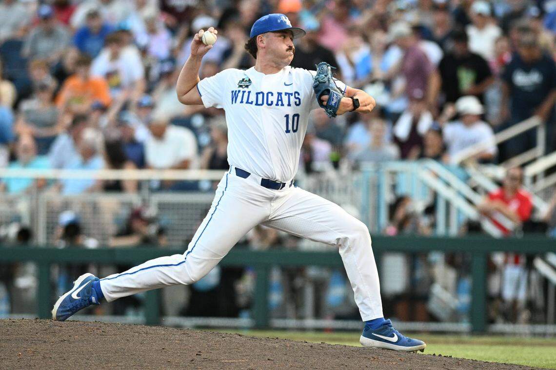 Jun 17, 2024; Omaha, NE, USA;  Kentucky Wildcats pitcher Cameron O'Brien (10) throws against the Texas A&M Aggies during the sixth inning at Charles Schwab Field Omaha. Mandatory Credit: Steven Branscombe-USA TODAY Sports