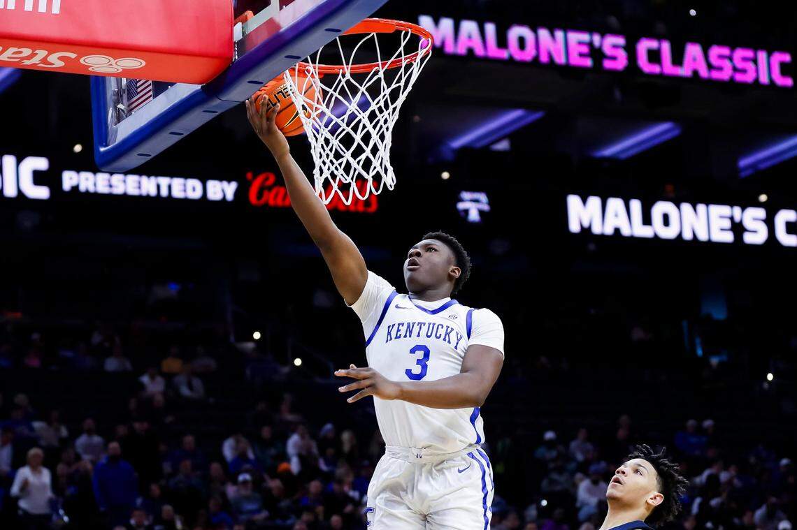 Kentucky Wildcats guard Adou Thiero (3) shoots the ball against Pennsylvania during a game at the Wells Fargo Center in Philadelphia on Dec. 9, 2023.