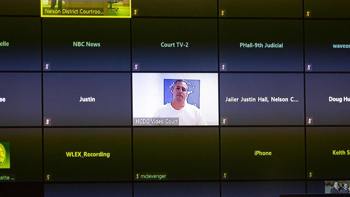 Brooks Houck appears by video for an arraignment at the Nelson County Courthouse in Bardstown, Ky., on Thursday, Oct. 5, 2023. Houck has been charged in the murder of Crystal Rogers.