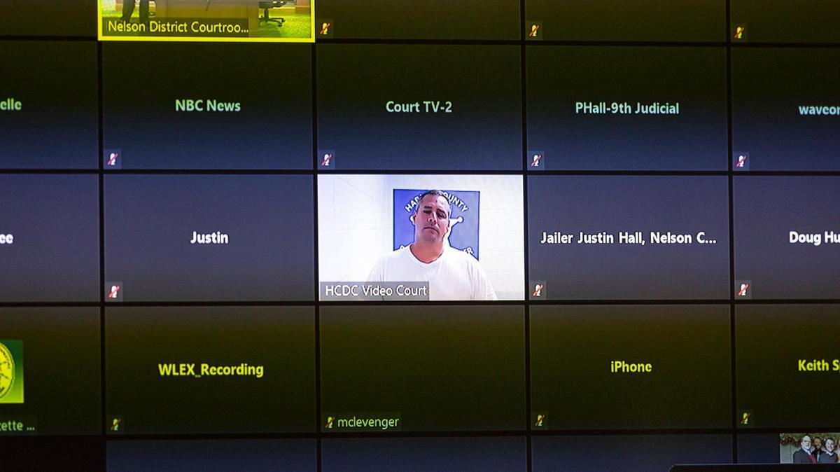 Brooks Houck appears by video for an arraignment at the Nelson County Courthouse in Bardstown, Ky., on Thursday, Oct. 5, 2023. Houck has been charged in the murder of Crystal Rogers.