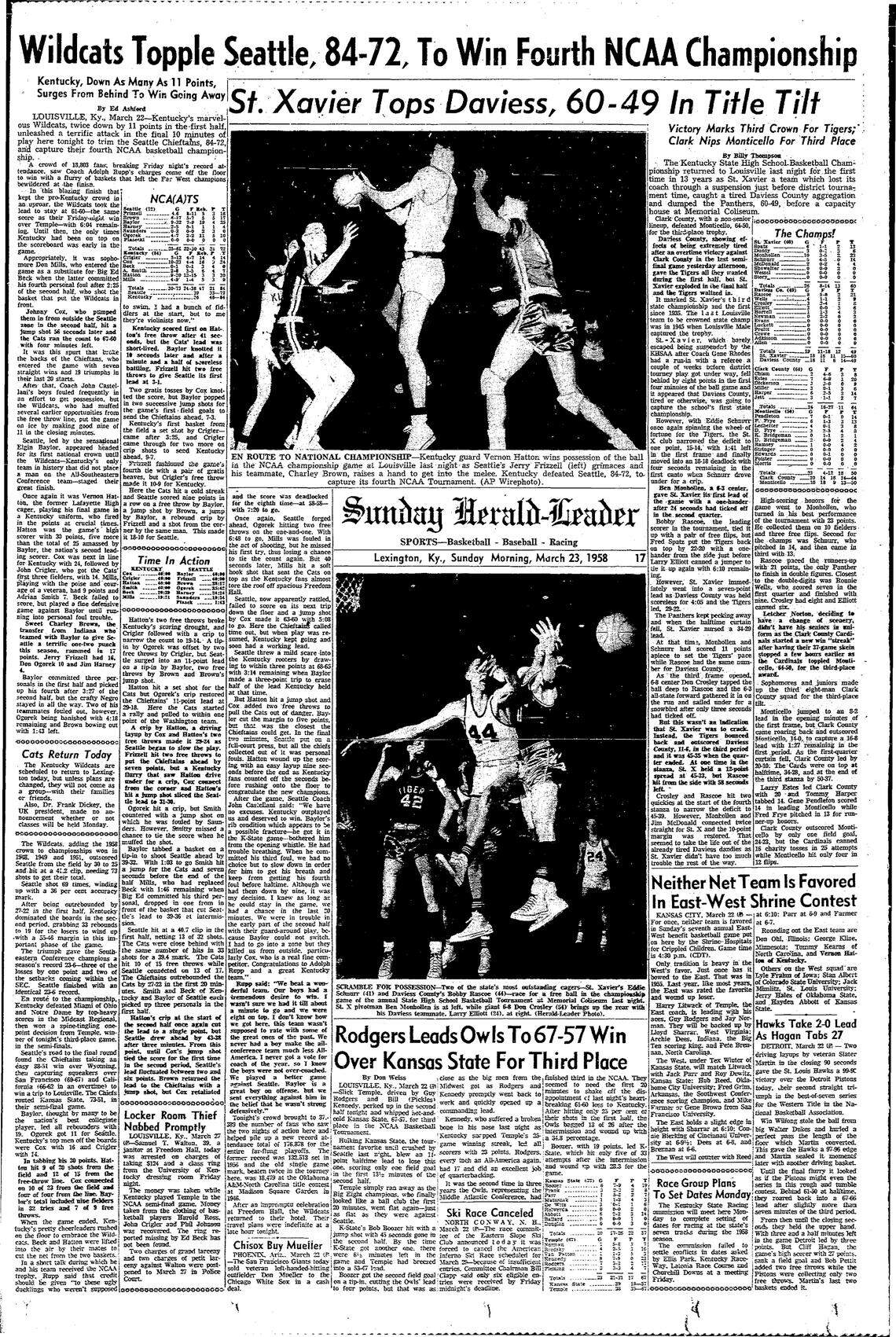 The Sports front page of the Sunday Herald-Leader on March 23, 1958.