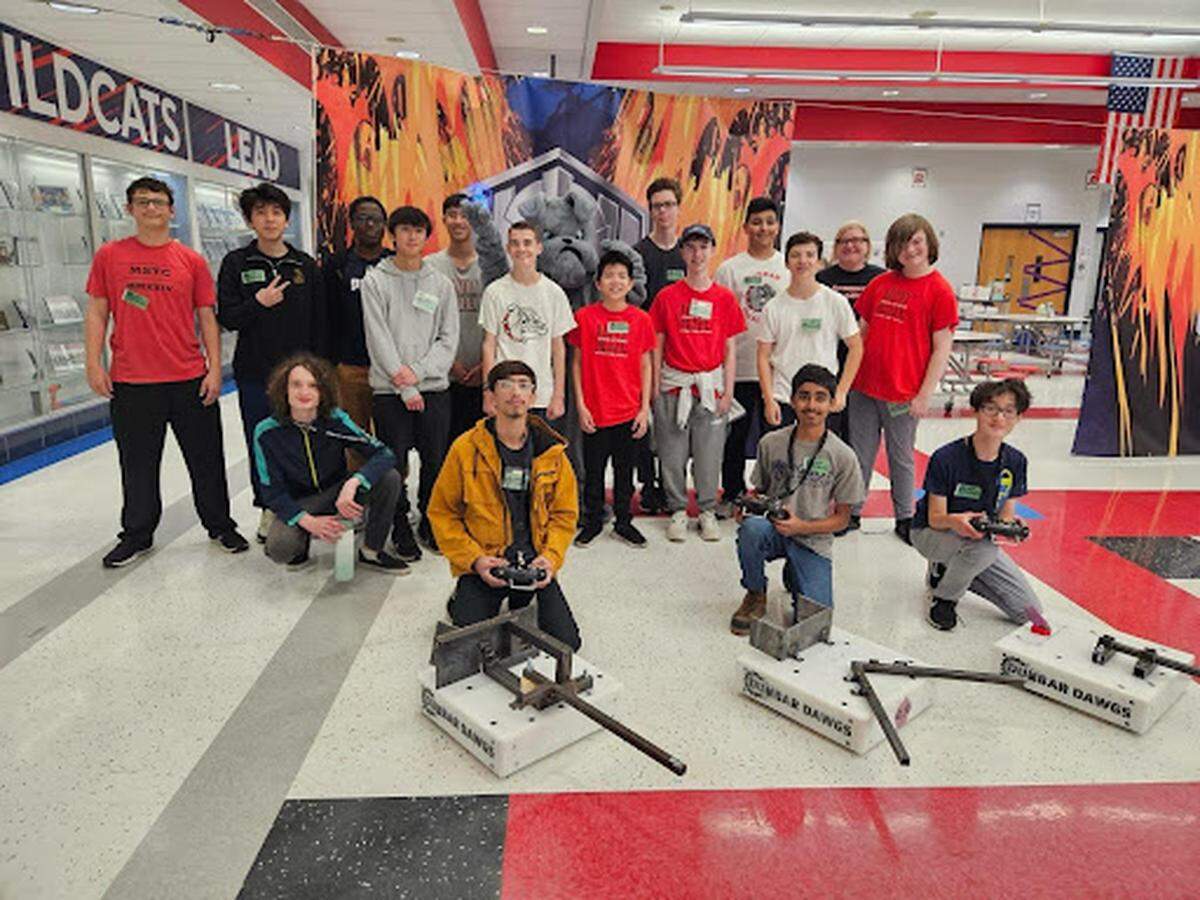 The Dunbar Robot Gladiator League team celebrates a win against Woodford County High School at the opening melee hosted by the Nelson County UP Center on Saturday, October 12th, 2024.