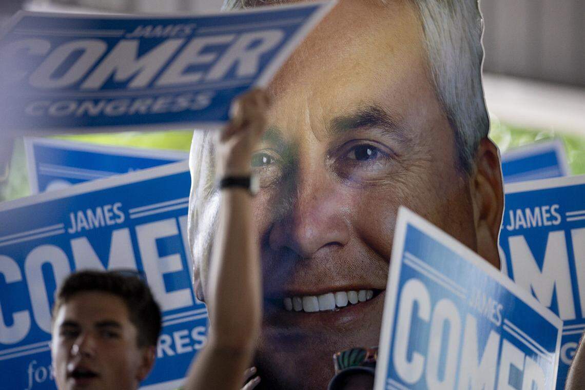 A James Comer sign is held up during Fancy Farm Picnic on Saturday, Aug. 2, 2025, at St. Jerome Church in Fancy Farm, Ky.
