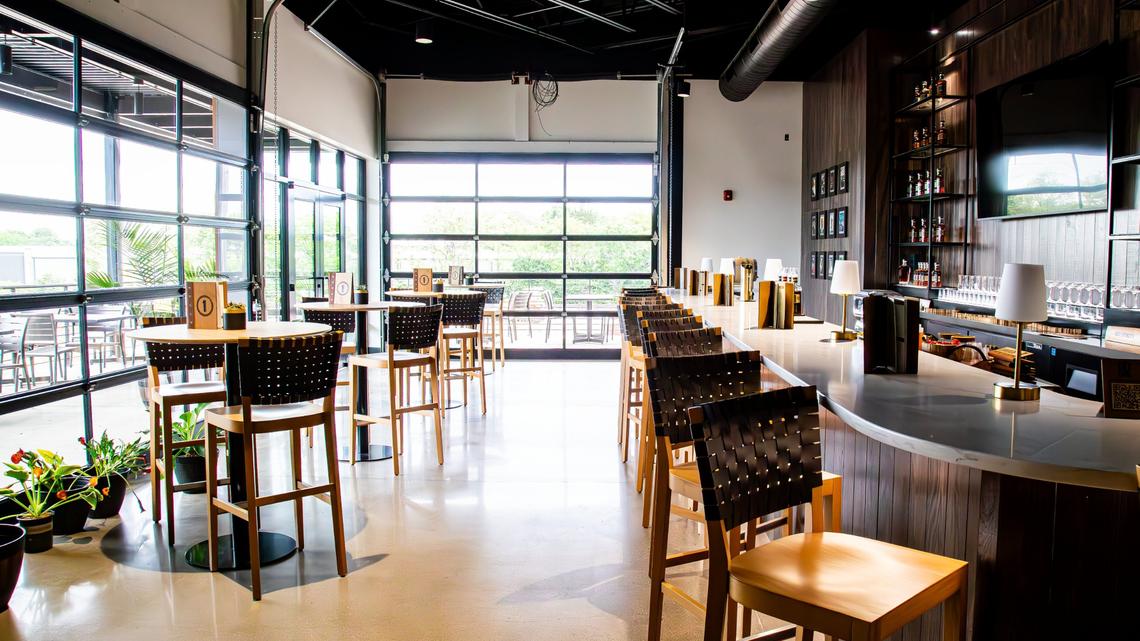 Main level bar area at RD1 Distillery at The Commons before the official May 14th grand opening on May 13, 2025, in Lexington, Ky.
