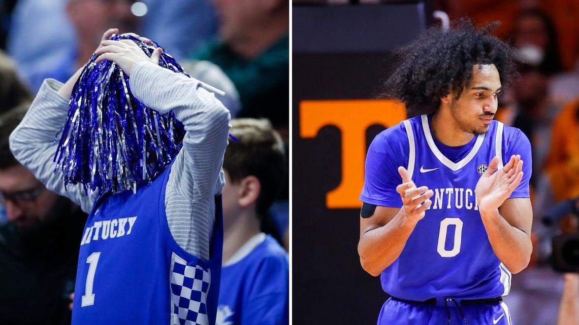 A Kentucky fan sits through the loss to South Carolina on Jan. 10, left, and Jacob Toppin helps lead the Cats past No. 5 Tennessee four days later in Knoxville.