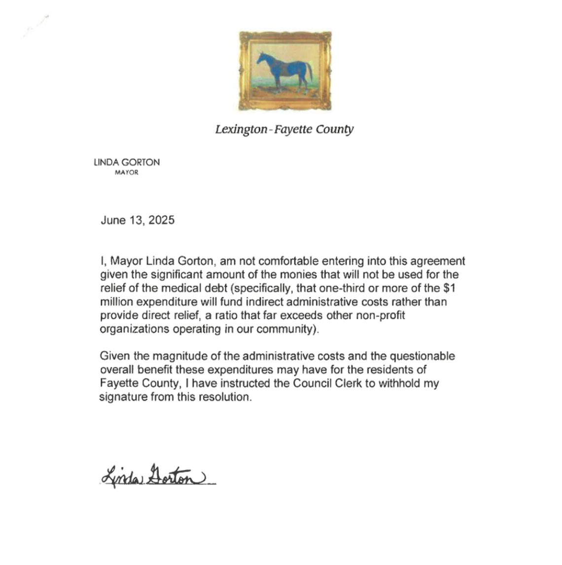 A letter attached the Undue Medical Debt contract outlines Mayor Linda Gorton’s opposition to the agreement.