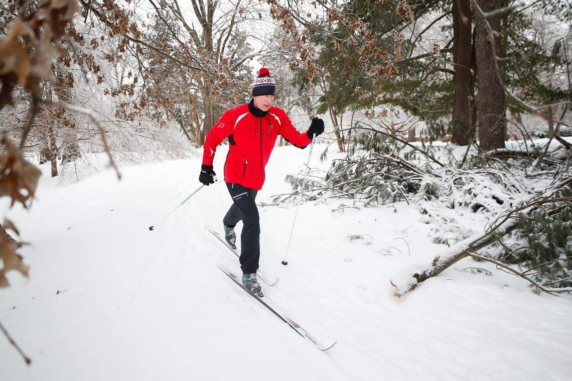 Osmond Vego, of Lexington, Ky., skis over a snow-covered path around Ashland, The Henry Clay Estate in Lexington, Tuesday, Jan. 16, 2021. Vego has been skiing for over 40 years and takes to the paths at Ashland whenever there is sufficient snowfall.