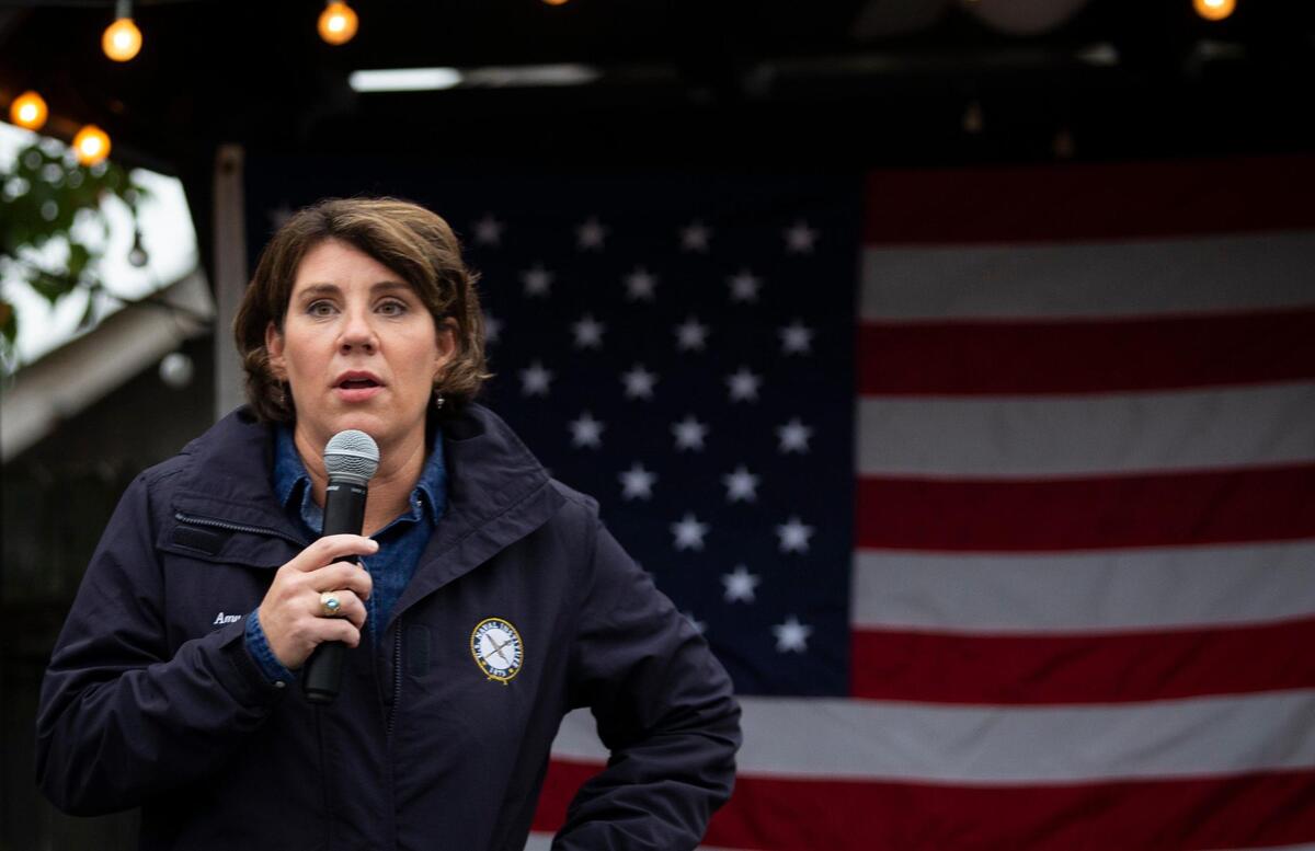Democratic senate candidate Amy McGrath speaks during a campaign event at the Pioneer Playhouse in Danville, Ky., Wednesday, October 28, 2020. About 150 people attended the outdoor event.