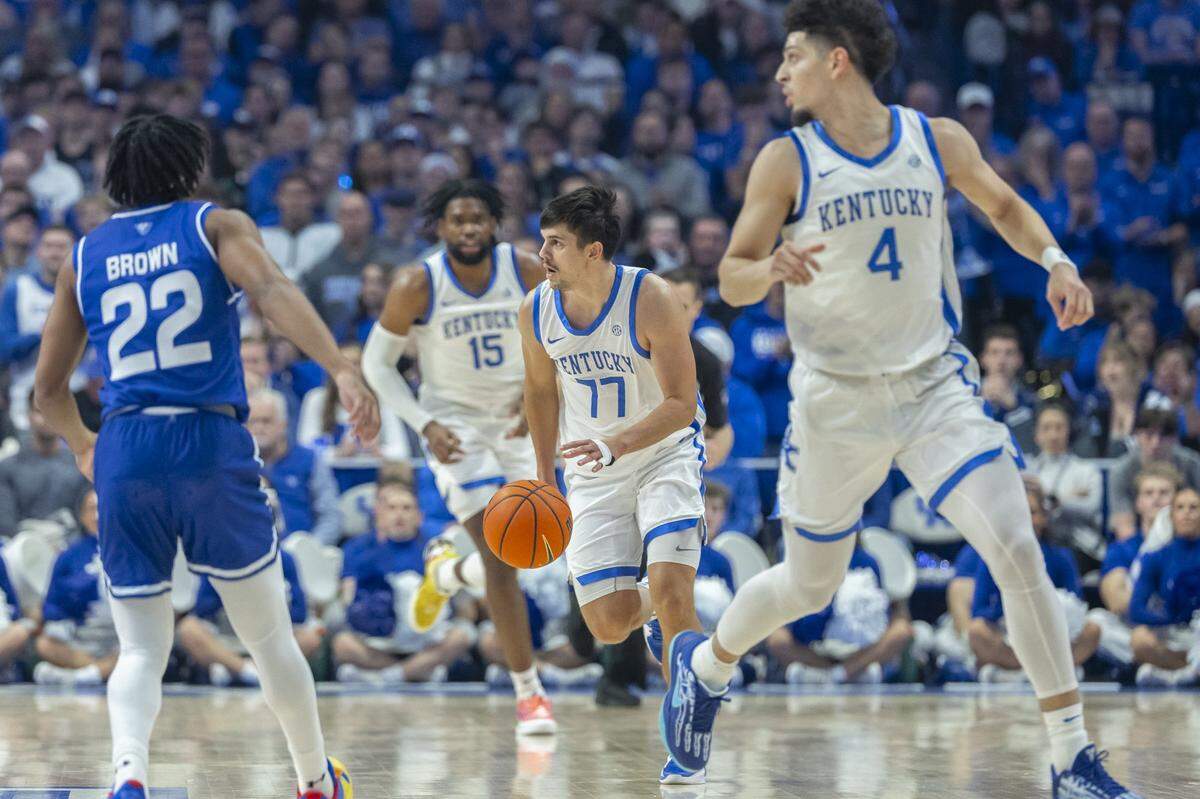 Kentucky’s Kerr Kriisa (77) brings the ball down the court during Friday’s game against Georgia State in Rupp Arena.