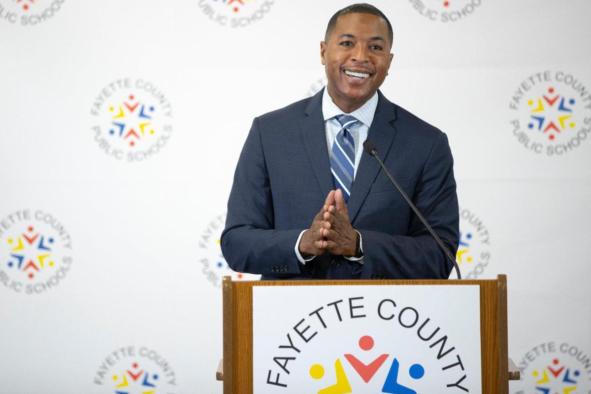 Demetrus Liggins speaks at a press conference after being named the new superintendent of Fayette County Public Schools on Friday, June 4, 2021 at the FCPS John D. Price Building in Lexington, Ky.