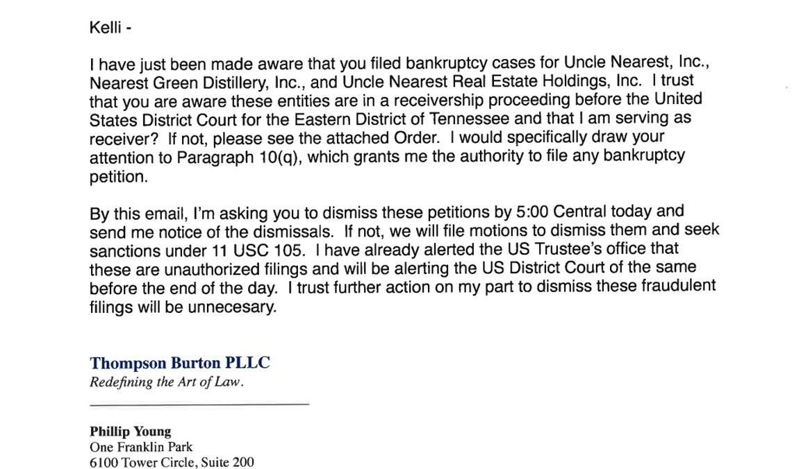 Email from receiver Phillip Young to Fawn Weaver’s bankruptcy counsel.