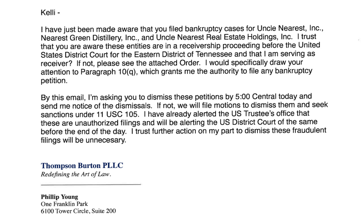 Email from receiver Phillip Young to Fawn Weaver’s bankruptcy counsel.