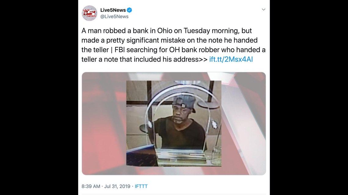 The FBI says a man in Ohio wrote a demand note on the back of an Ohio Bureau of Motor Vehicles document with his name and address.