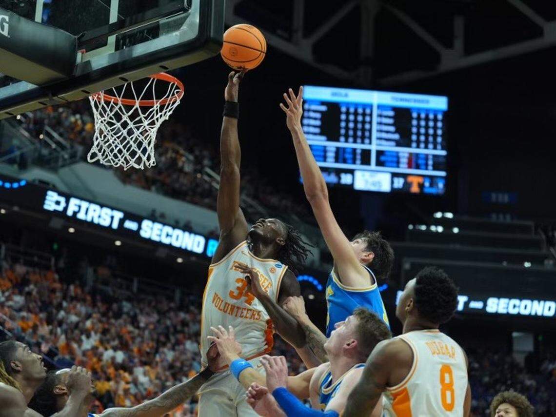 Tennessee’s Felix Okpara (34) had four points and seven rebounds in the Volunteers’ win over UCLA on Saturday night in Rupp Arena.