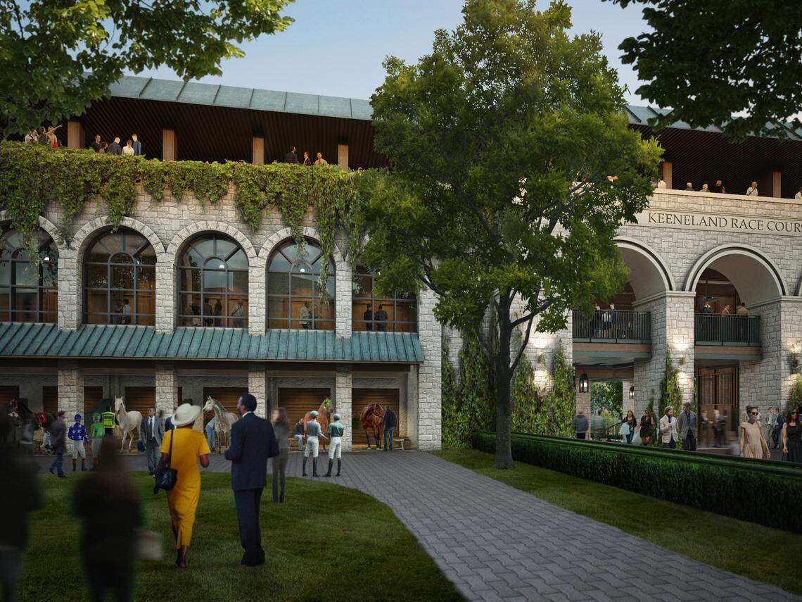 Keeneland’s ongoing construction project will reposition the saddling stalls in the ground level of the new Paddock Building, as shown in this rendering.