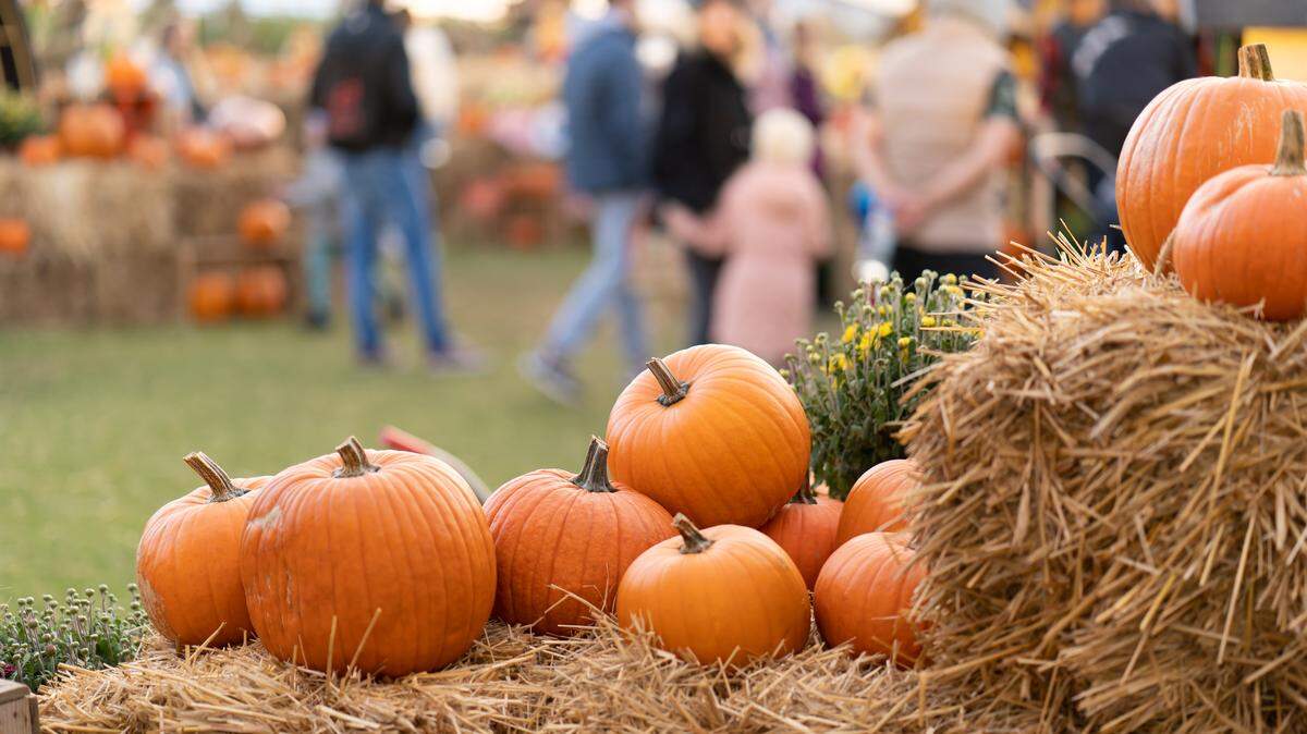 Pumpkins stacked on straw bales, against the background of people strolling through an agricultural fair where the autumn harvest is sold. Shallow depth of field, blurry background.