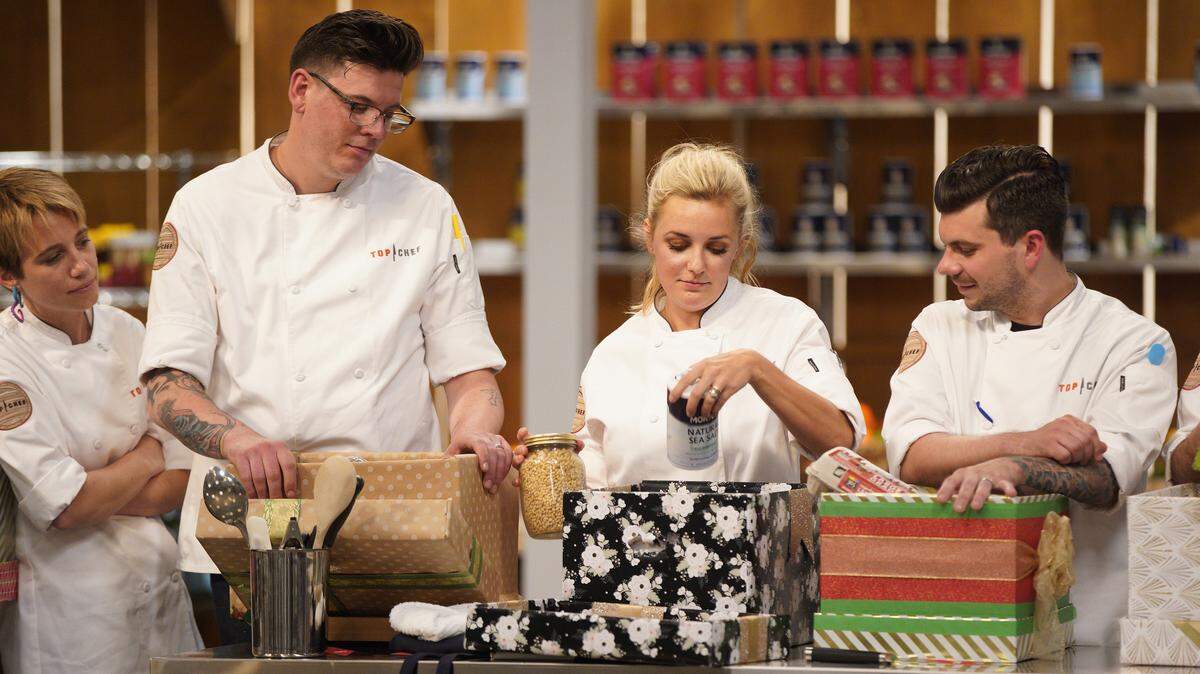 Who will get the best and the worst of the “present swap” Quickfire? Will it be, from left, Adrienne Wright, Brian Young, Kelsey Barnard, or Eddie “Money” Konrad?